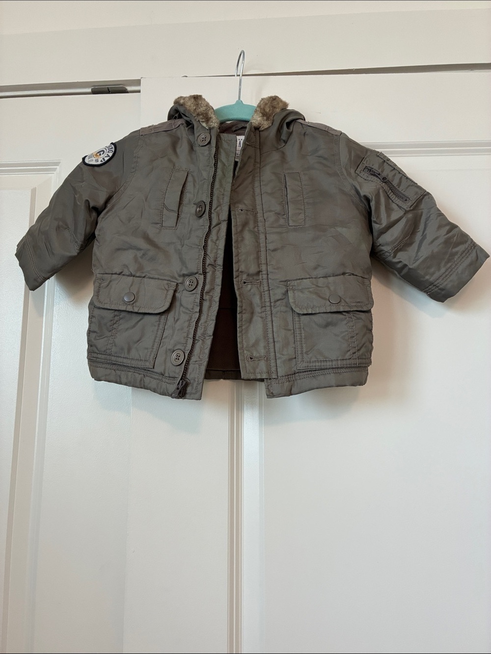 GAP Olive Green Faux-Fur Hooded Puffer Jacket